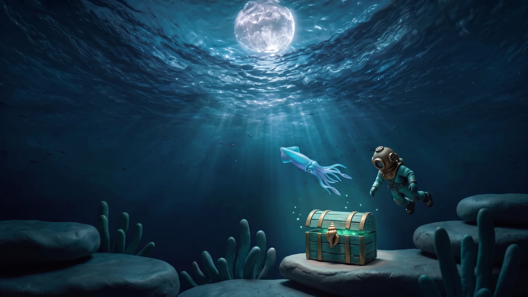 Just under the surface, a small squid and the diver hover above a weathered teal chest on a clay ledge, its lid ajar and glowing.