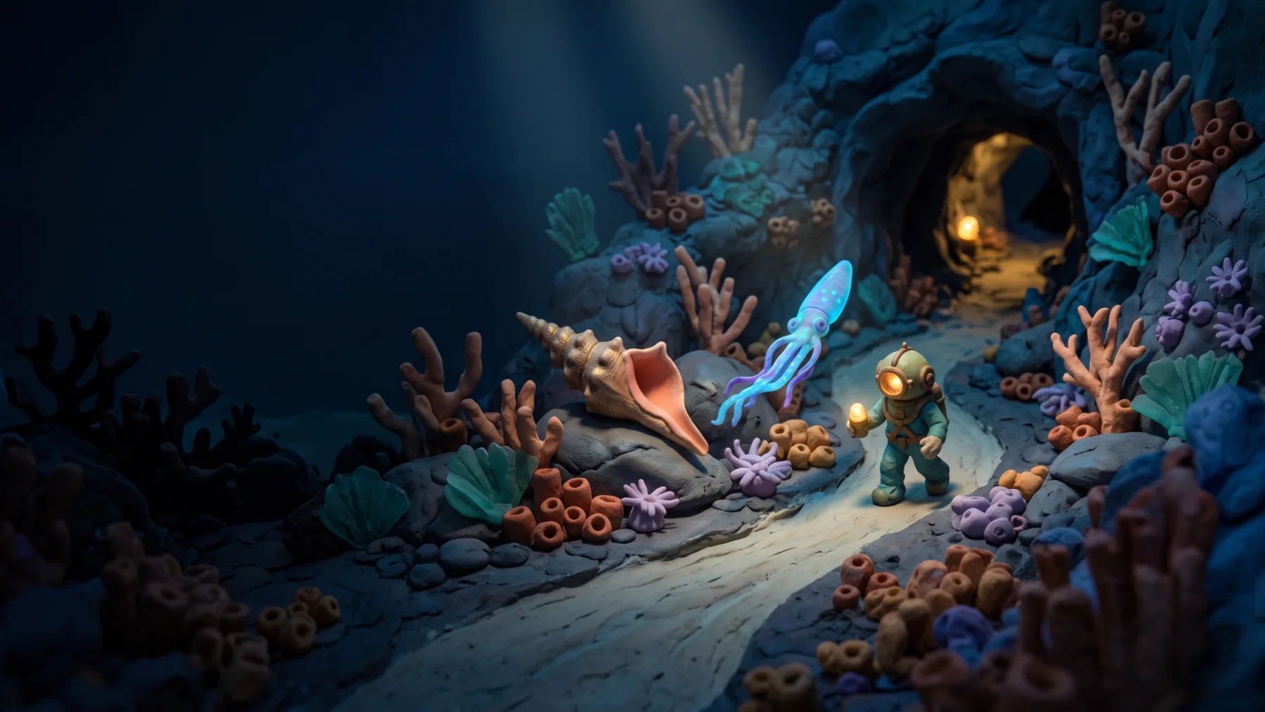 A handmade clay coral valley. The diver walks a sandy channel with a lantern, following the squid toward a warm-lit tunnel.