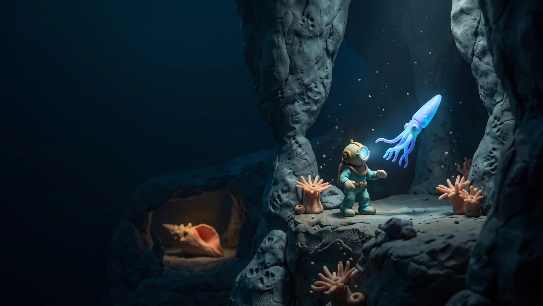 A vast dark chamber. The squid lights the diver on a stone ledge; far below, a conch glows faintly inside a rock opening.