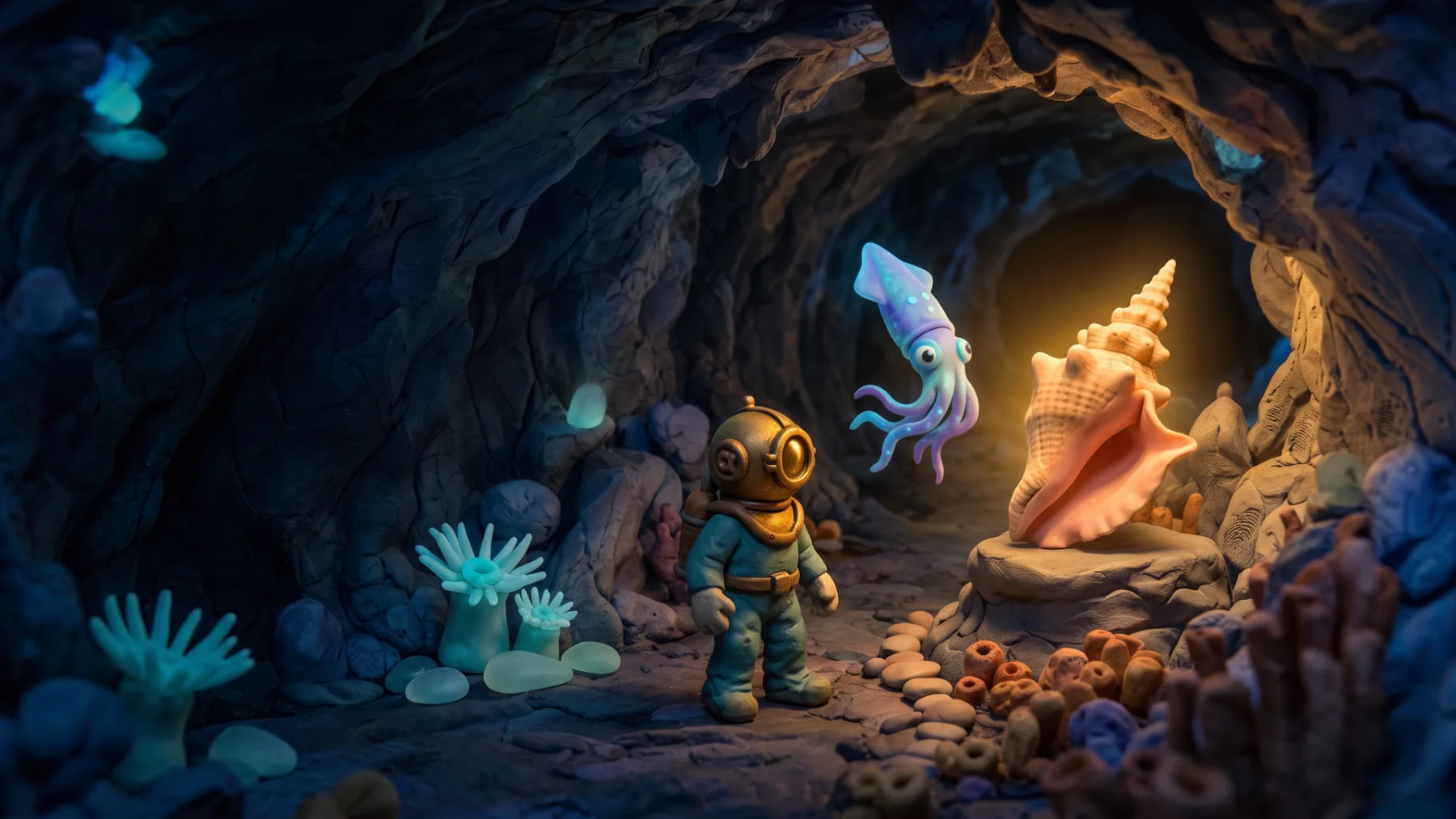 Inside a sculpted cave, the diver and squid arrive at a glowing conch shell resting on a worn rock.